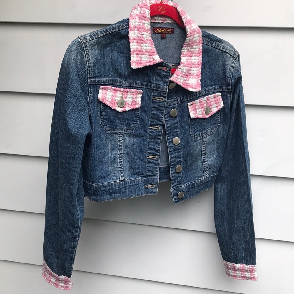 Clash Short Denim jacket with pink plaid trim
